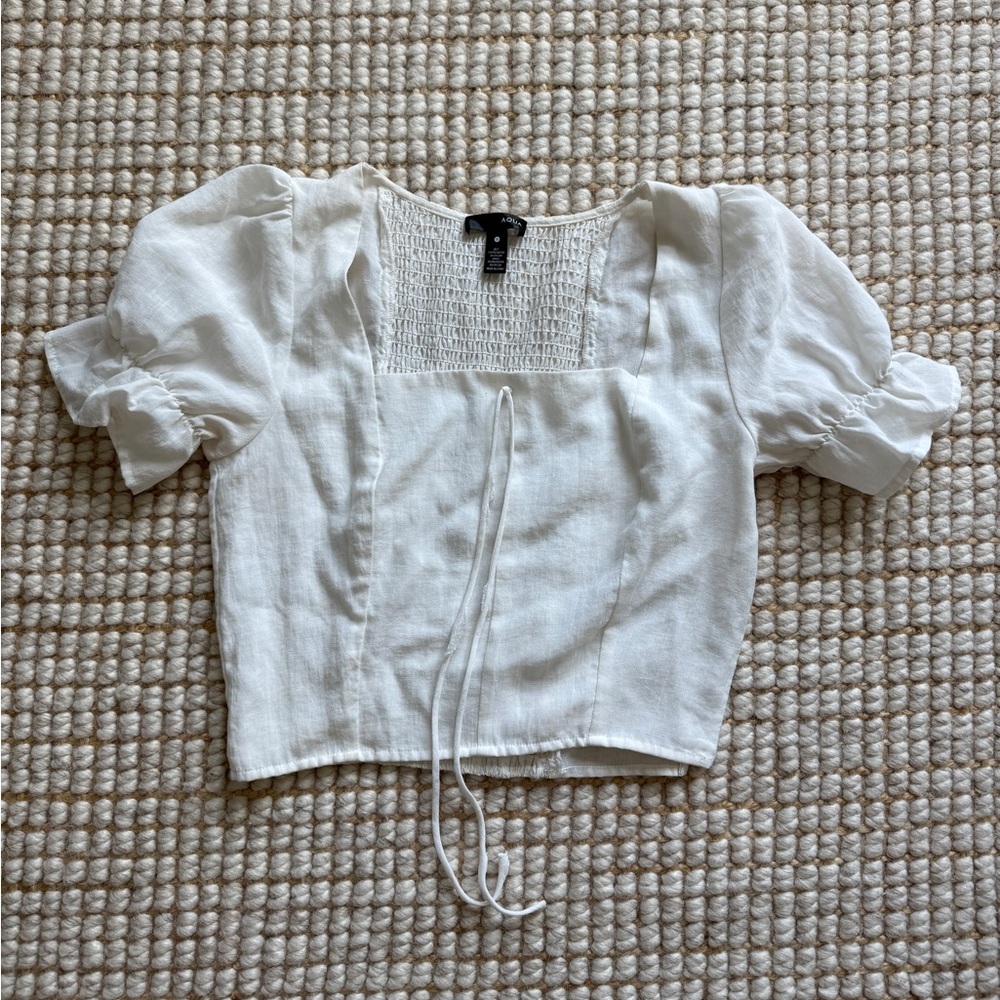 Aqua White Tie Puff Sleeve Blouse